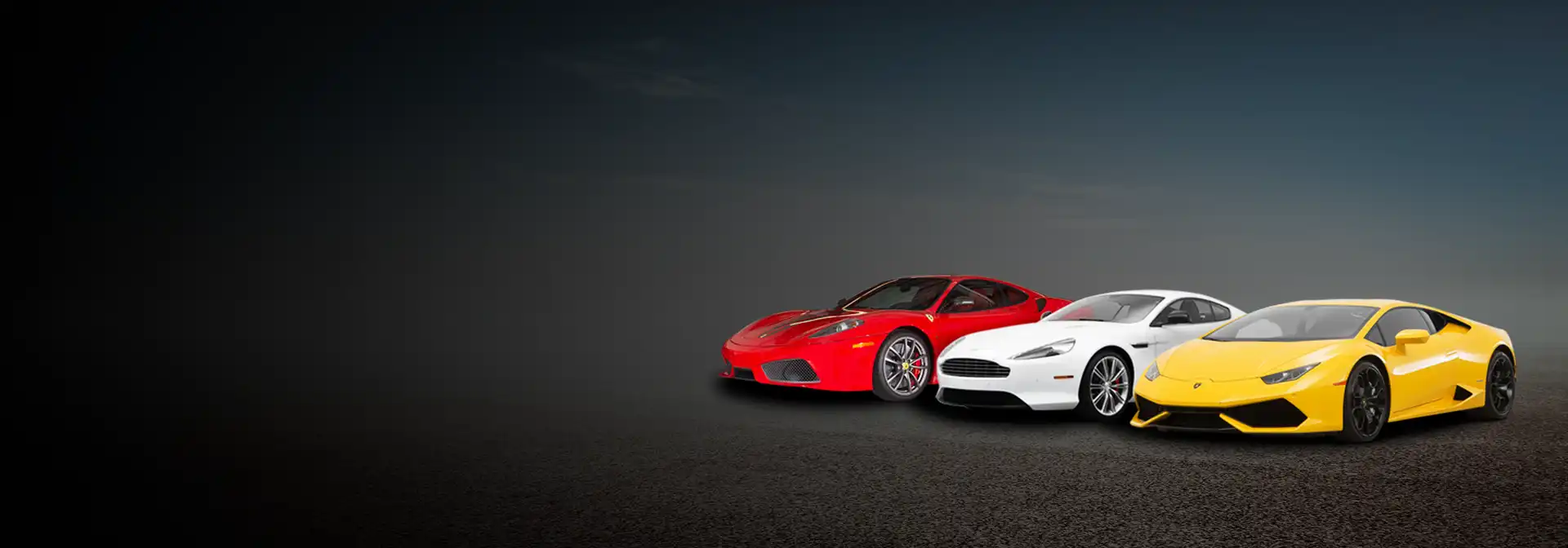 Luxury sports cars including Ferrari, Aston Martin, and Lamborghini on a dark road background – About Us banner for premium car rental service